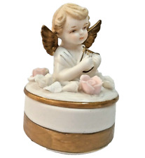 Vintage ANGEL TRINKET BOX ARCO Japan Fine Quality Porcelain Roses Harp w/sticker picture