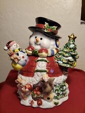 Snowman Cookie Jar Holding Doll and Christmas Tree Pearlized Paint picture