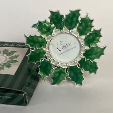 Vtg Enamel Holly Leaf Rhinestone Wreath Round Metal Picture Frame Christmas 2X2” picture