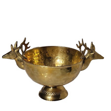 Vtg Solid Brass Round Hammered Pedestal Bowl Deer Buck Stag Head Antlers Handles picture