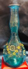 👀 Antique Pontiled Turquoise Blue Glass Barber Bottle Enameled Dot Flowers 👀 picture