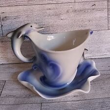 Dolphin Tea Cup Porcelain White Blue Gray Sealife Nautical Ocean Flipper picture