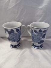 2/ Bella Casa by Ganz - Blue & White Floral Footed Porcelain Mugs/Cups Vintage picture