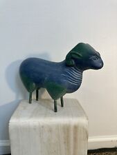 Vintage Folk Wooden Ram Figurine Hand Carved Painted Blue Green picture