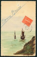 French 1929 Original HAND Drawn WATERCOLOR Sailboats Seashore Happy New Year picture