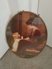 Vintage Victorian Mother & Child Oval Chimney Flue Cover & Metal Chain Border picture