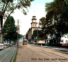 South Norwalk Connecticut Main Street Car Clock Tower Postcard picture