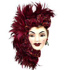 Ceramic Face Mask of Lady with Burgundy Feathers Masquerade Mardi Gras picture