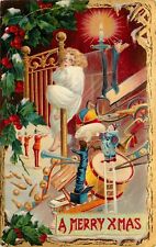 Embossed Christmas Postcard X-383 Little Girl Escapes Evil Clown & Jack in Box picture