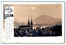 1899 Greetings from Lucerne Switzerland Moonlight Towers Posted Postcard picture