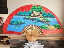 HUGE Vintage Asian Japanese Wall Art Fan Trees Water Hand Painted 58