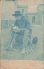 Coal Miner Pick Axe Shovel Eating Lunch Cyanotype c1905 Real Photo RPPC picture