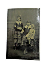 Antique Victorian Tintype Photograph Two Sisters Holding Their Bisque Dolls picture