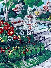 1950's Day in the Park FOUNTAIN Wrought iron Barkcloth Vintage Pastoral Fabric picture