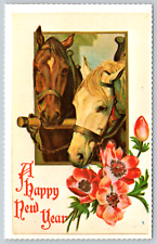 c1910s Happy New Year Horses Flowers Red Antique Postcard picture