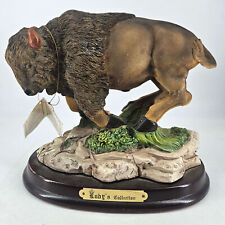 Vintage Alabaster Sculptures hand painted Buffalo Bison figurine on wood base picture