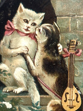 Cat Postcard Romeo and Juliet Serenade Embrace Mandolin Pink Bow Crescent Moon picture