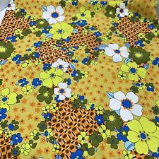 Vintage 70s Retro Mod Fabric Yellow Blue  Floral Polyester Groovy 45