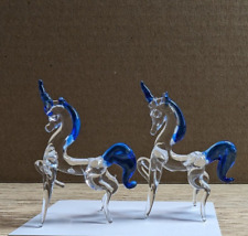 Beautiful Hand Blown Clear Glass Set Of 2 Blue Whimsical Unicorns 2-1/2” Tall picture