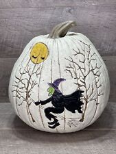Pottery Hand Painted Halloween Witch on Broom Resin Pumpkin -Very Unique & Rare picture