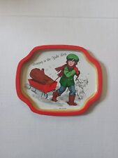 Vintage Christmas Tin Tray ''Bringing in the Yule Log'' Made In Hong Kong picture