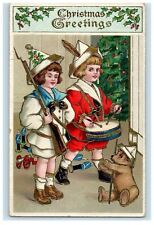 1909 Christmas Gel Gold Gilt Drummer Boy Soldier Bear Tree Candles Postcard picture