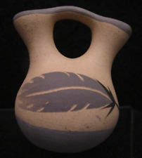 * Small Vintage Desert Pueblo Pottery Wedding Vase Signed Painted Gray Feather picture