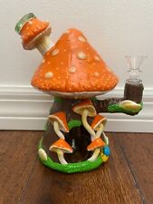 7.5” Premium Glass Water Pipe Art Orange Mushroom Hut Glow in Dark 14mm picture
