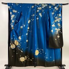 Japanese Silk Kimono Vintage Furisode Gold Blue Ball Cherry Blossom Black 63