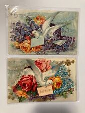 1913 Dove Birds & Flowers Birthday Greetings, Best Wishes Postcards Lot of 2 EMB picture