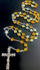 Vintage Catholic Iridescent Amber Heart Glass Rosary, Silver Tone Crucifix picture
