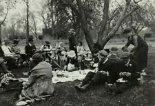 Large Group Of People Having Picnic Under Tree B&W Photograph 4 x 4.75 picture