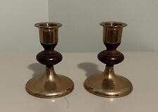 VTG Wooden 4” Brass & Rosewood Candlestick Holders picture