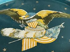 Vintage Eagle Flag Metal Serving Tray Coonskin Cap Tole Painted Teal  (25) picture
