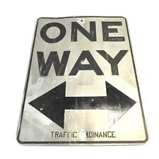 VINTAGE ONE WAY STREET ROAD SIGN TRAFFIC SIGN SILVER BLACK TOUCHED UP WORN SIGN picture