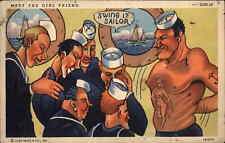 Tattoo Comic Navy Sailors Admire Bare-Chested Man Gay Interest c1940s Linen PC picture