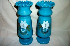 1890s FRENCH BLUE OPALINE VASE PAIR RUFFLED TOP HANDBLOWN HP FLORAL HORSESHOE picture