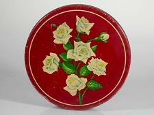 Vintage Round Tin - White Roses on Red Metal Box - Lovely MidCentury Container picture