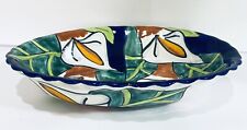 Talavera Calla Lily Oval Bowl Mexican Folk Art Pottery Cobalt Blue White Yellow picture