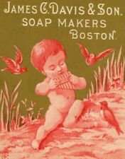 Victorian Trade Card James Davis Soap Boston, MA Cherub Pan Flute, Birds picture