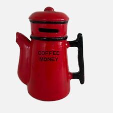 Vintage 1960's Red Coffee Money Coffee Pot Ceramic Bank Kitschy MCM Collectible* picture