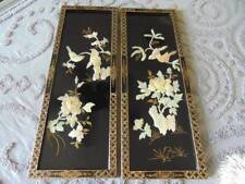 pair vintage ASIAN BLACK LACQUER WALL PANELS mother of pearl flowers birds picture
