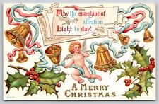 Christmas~Cupid Ribbon Bells Holly & Christmas Greeting~Vintage Postcard picture