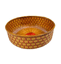 Vintage Woven Wicker Rattan Round Basket Red Details Gorgeous Boho Wall Decor picture