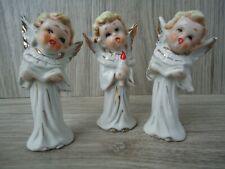 VTG Ceramic Caroling Angels Gold Blonde Wings Candle made in Japan set of 3 picture