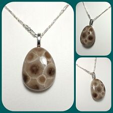 Petite Petoskey Stone Pendant Necklace Hand Polished MI Coral Fossil .925 Chain picture