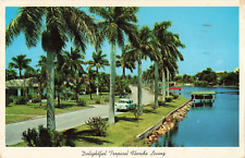 Dunedin Florida, Waterway Palm Trees Old Car Tropical Living, Vintage Postcard picture