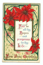 New Year Postcard Embossed Poinsettias Vintage c1910 picture