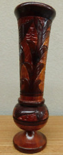 Vintage Wood Vase Hand Spun Carved Flowers And Leaf Design 10.5