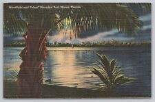 Postcard Moonlight and Palms, Biscayne Bay, Miami, Florida Vintage Linen PM 1948 picture